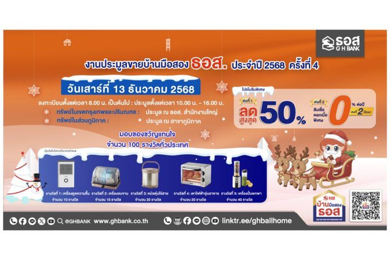 โอกาสสุดท้ายปี 68 ธอส.คัดบ้านมือสองทั่วไทยจัดประมูลใหญ่ ลดราคาสูงสุด 50% พร้อมโปรโมชันพิเศษ พบกันวันเสาร์ที่ 13 ธันวาคม 2568